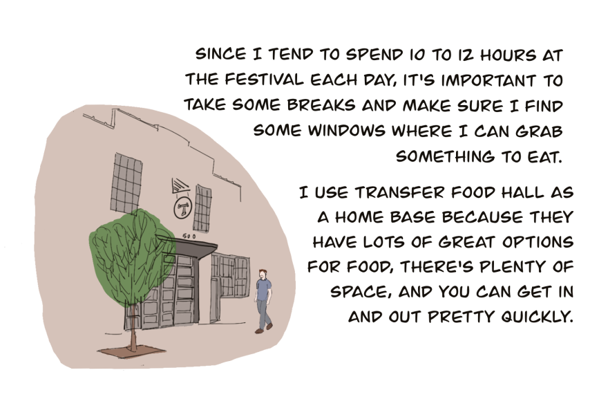 An illustration of Brian Burns walking into Transfer Food Hall in Raleigh. The text says, "Since I tend to spend 10 to 12 hours at the festival each day, it's important to take some breaks and make sure I find some windows where I can grab something to eat. I use Transfer Food Hall as a home base because they have lots of great options for food, there's plenty of space, and you can get in and out pretty quickly." (Credit: Eli Chen/WUNC)