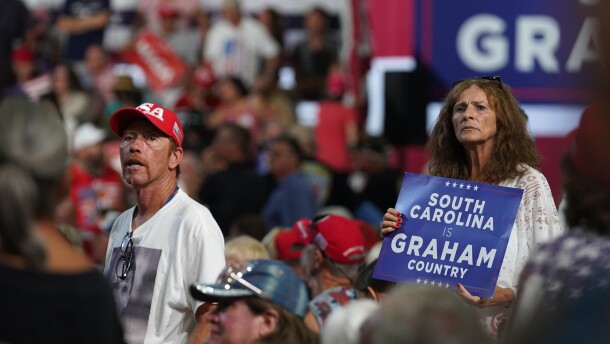 Supporters await President Donald Trump at the rally for Sen. Darline Graham at the Myrtle Beach Convention Center on Aug. 21, 2026.