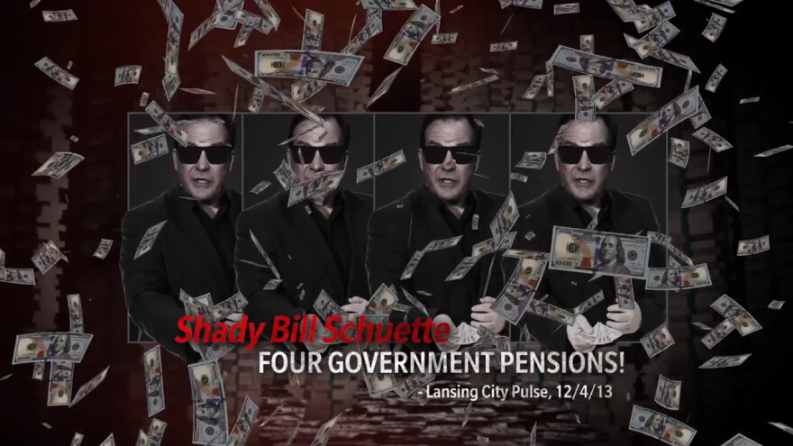 a frame from the "shady schuette" ad with bill schuette in sunglasses 
