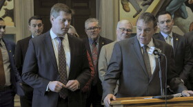 Speaker of the House Dean Plocher, R-Des Peres, (left) and Rep. Mike Haffner, R-Pleasant Hill, (right) during a news conference on Thursday. Earlier in the day, the House passed legislation Haffner sponsored that would limit how much Missouri farmland could be owned by foreign countries. 
