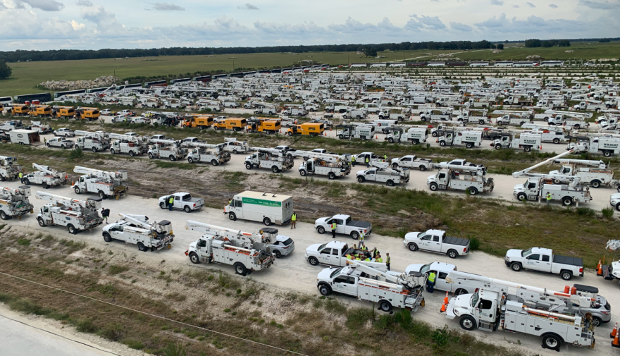 Duke Energy staged hundreds of bucket trucks in Sumter County south of The Villages in preparate for Hurricane Idalia.