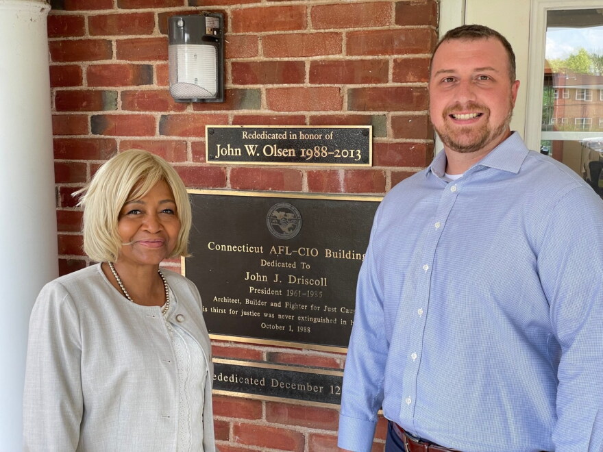 Shellye Davis and Ed Hawthorne outside AFL-CIO headquarters. The AFL-CIO supports a bill that would outlaw "captive audience" meetings.