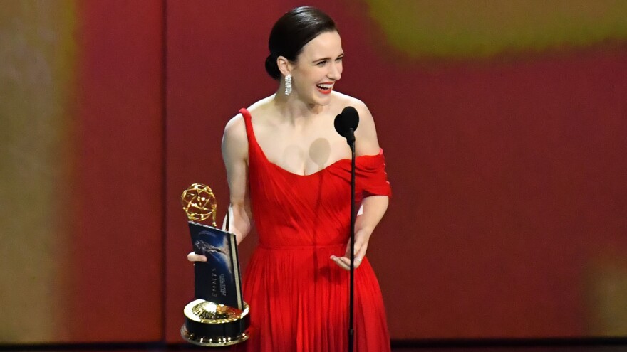 Rachel Brosnahan accepts the outstanding lead actress in a comedy series award for The Marvelous Mrs. Maisel at the 70th Emmy Awards.