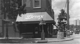 Street level view of the southwest corner intersection of 39th Street and Bell in Kansas City, Missouri. The d'Bronx restaurant circa 1999