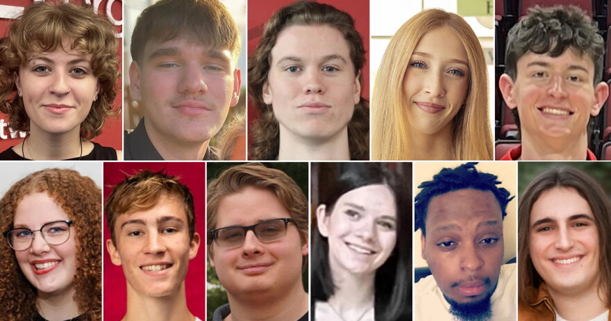 The WGLT student team for Fall 2026. Top row, from left, are Bella Marello, Lucas Priebe, Avery Rawlings, Stephanie Sendra, and Jason Zaehler. Bottom row are Courtney Conroy, Cole Loaicano, Ben Howell, Colleen Holden, Terrance Jones, and Kirk Whitsitt.