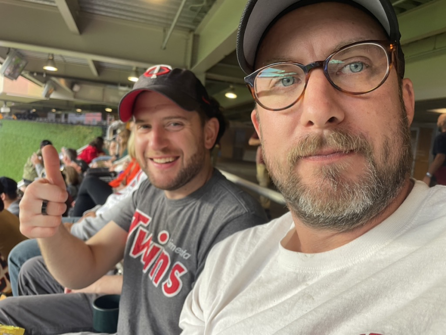 Nick Mascioli (left) and Sid's son Matt Shroyer (right), both Minneapolis residents, at a Twins game.