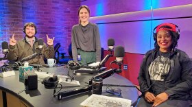 Political consultant Evan Garber of A.L. Cignoli and Associates, left, The Rundown host Carrie Saldo, center, and Springfield Republican reporter Aprell May Munford at NEPM Studios in Springfield on Oct. 10, 2025.