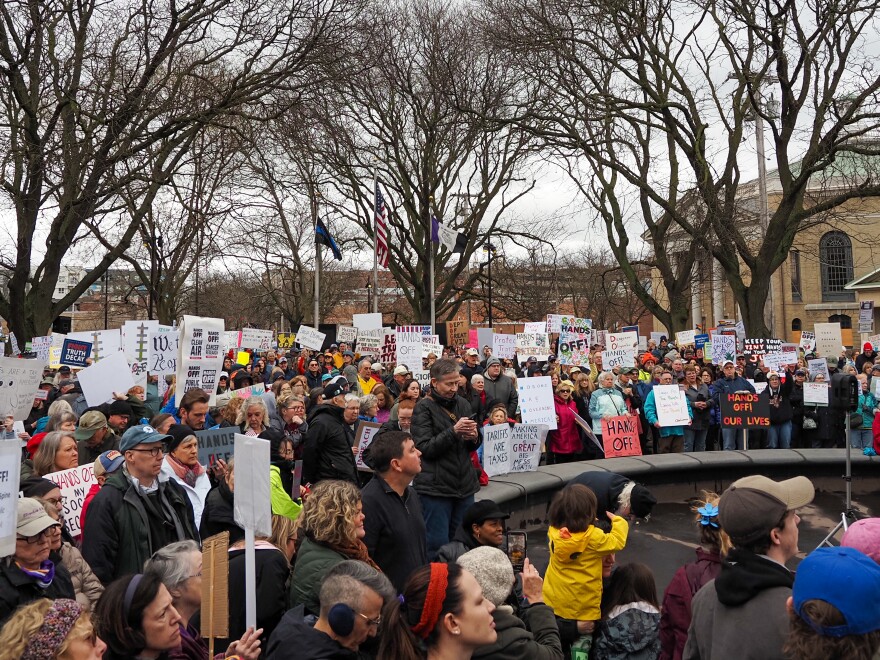 "Hands Off" protestors in Forman Park, Syracuse on April 5th. 