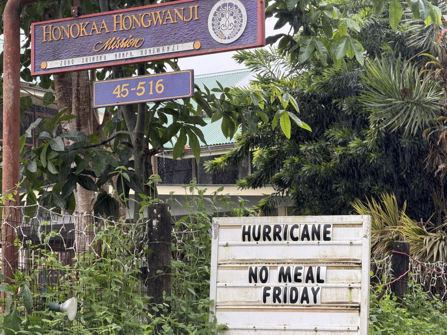 The Honokaʻa Hongwanji Mission Buddhist Temple located on Lehua St. in Honokaʻa closed its meal service due to the approach of Hurricane Nolo. The sign was still up on Saturday, Sept. 26, 2026.