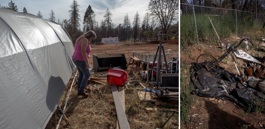 Karen Roberds lost her home and many personal possessions in the Camp Fire, including her motorcycles. "The biggest thing that we got out of here when we left was our next-door neighbor's dog. It was the Harley-Davidsons or the dog, " she says. "No-brainer." She still lives on the property and recently had a modular home installed.