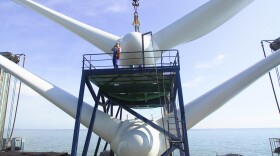 The first nacelles onboard a sea energy "jack-up ship," ready for lifting into place on the Kentish Flats Offshore Wind Farm, off Whitstable, Kent, England.