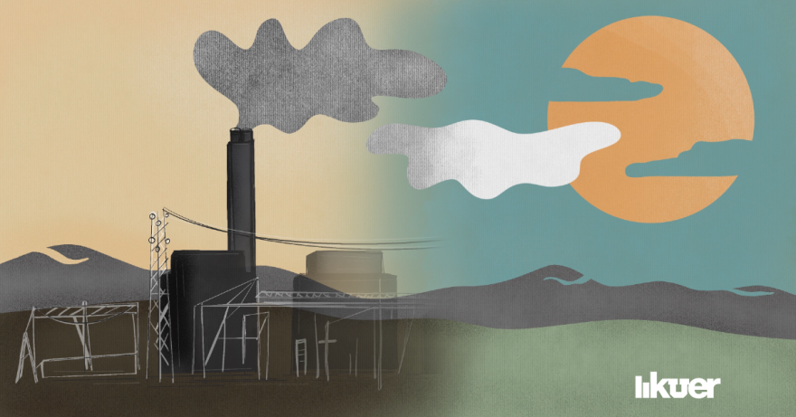 Illustration of a power plant that is fading away as the sky shifts from yellow to blue.