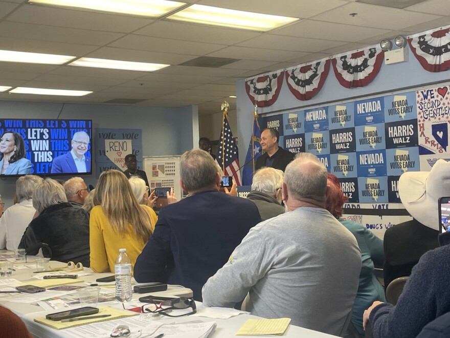 Second Gentleman Doug Emhoff speaks to a room of volunteers at the Washoe County Democratic field office.