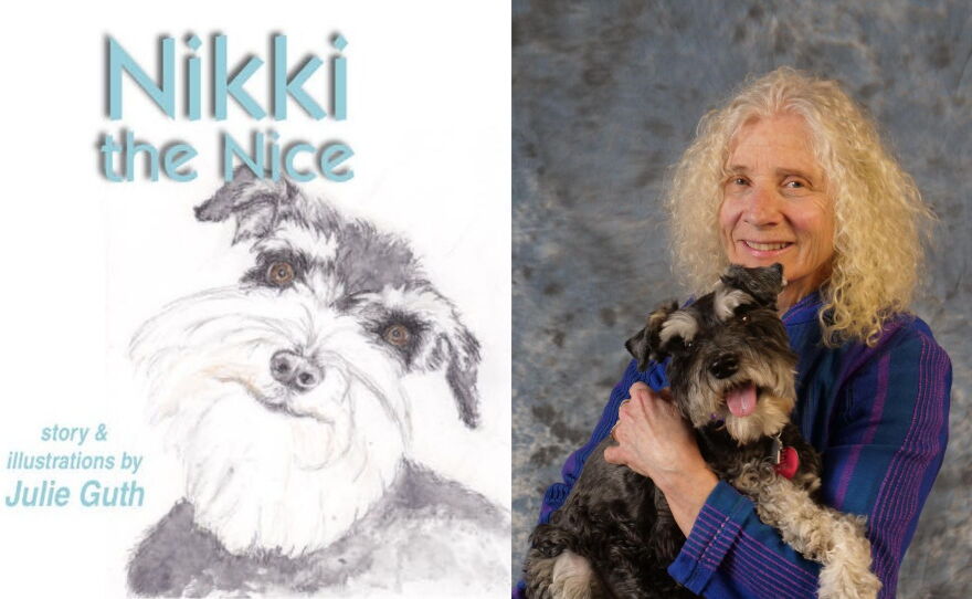 The left side is a picture of a smiling dog and the right side is a blonde woman wearing a blue and purple shirt holding a dog