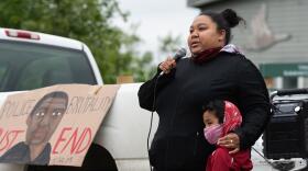 Piiyuuk Shields speaks at the Black Lives Matter protest in Bethel, Alaska on June 5, 2020. (Katie Basile/KYUK)