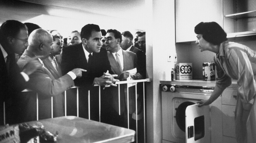 Soviet Premier Nikita Khrushchev and U.S. Vice President Richard Nixon have an impromptu and testy ideological debate in a model American kitchen in July 1959.