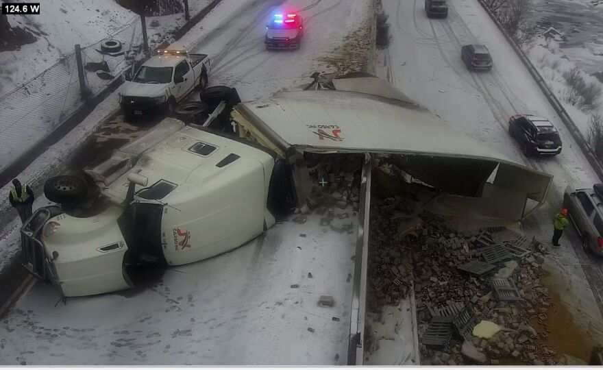 A commercial vehicle transporting carbonated drinks crashed in winter weather in Glenwood Canyon's westbound lanes on Wednesday, Feb. 15, 2023. The crash occurred in the same spot west of Hanging Lake Tunnel that a CMV crashed on Jan. 30, which also led to an extended closure of I-70.