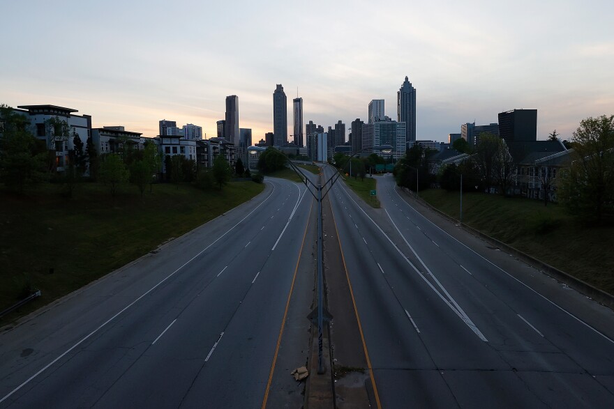A view of an empty John Lewis Freedom Parkway into downtown Atlanta on April 4.