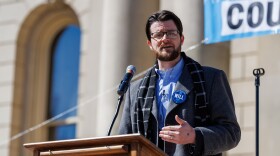 Democratic U.S. House candidate William Lawrence speaks at a No Kings rally at the Michigan Capitol in Lansing, Mich., on March 28, 2026.