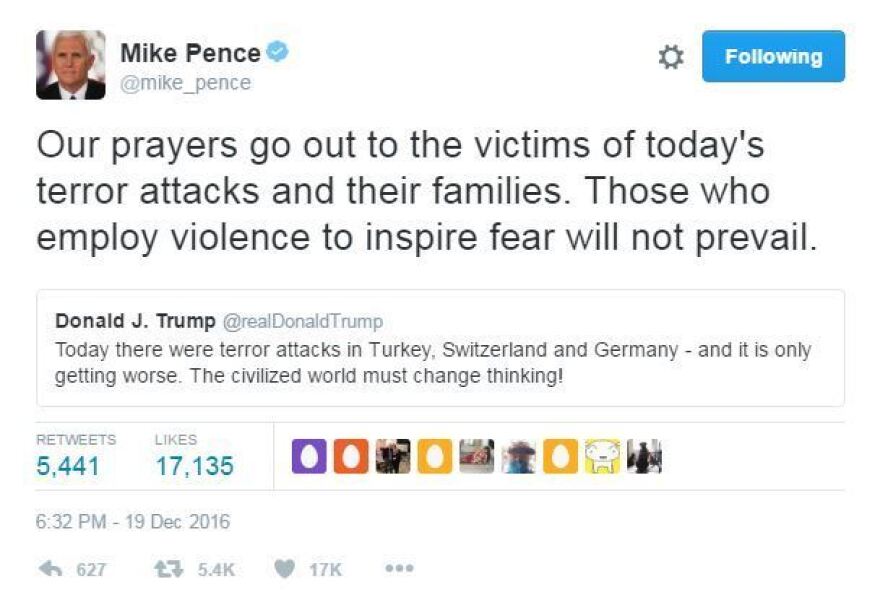 Pence retweets Trump, using language more typical of a politician.