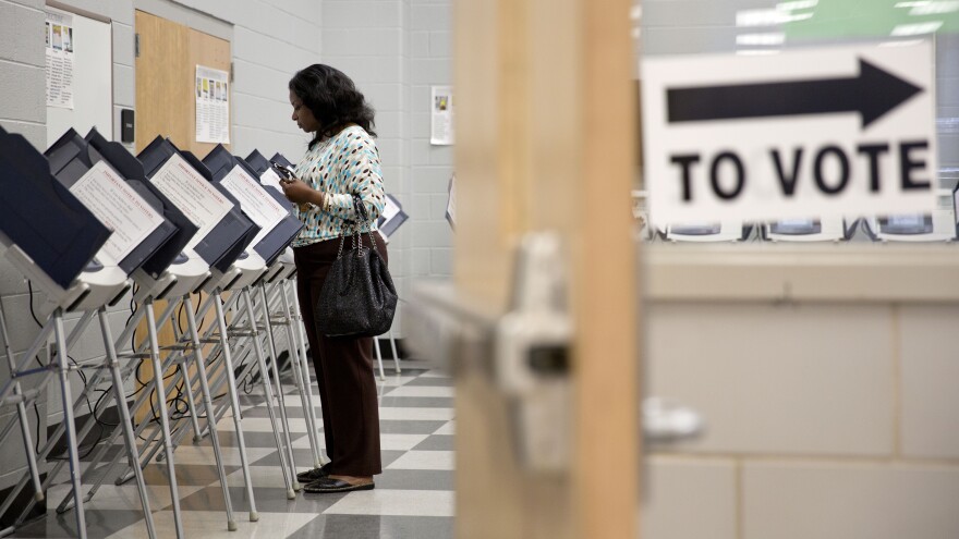 A voter casts her ballot at a polling site for Georgia's 2014 primary election in Atlanta.