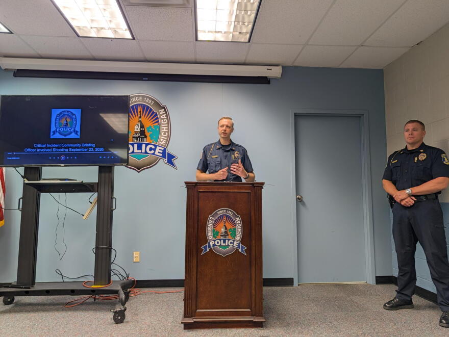 Lansing Police Chief Robert Backus speaks during a press conference in Lansing, Mich., on Oct. 1, 2026.