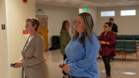 Dani Marie Schofield attends a pre-trial hearing with her attorney at Jackson County's courthouse in Medford on May 28, 2025.