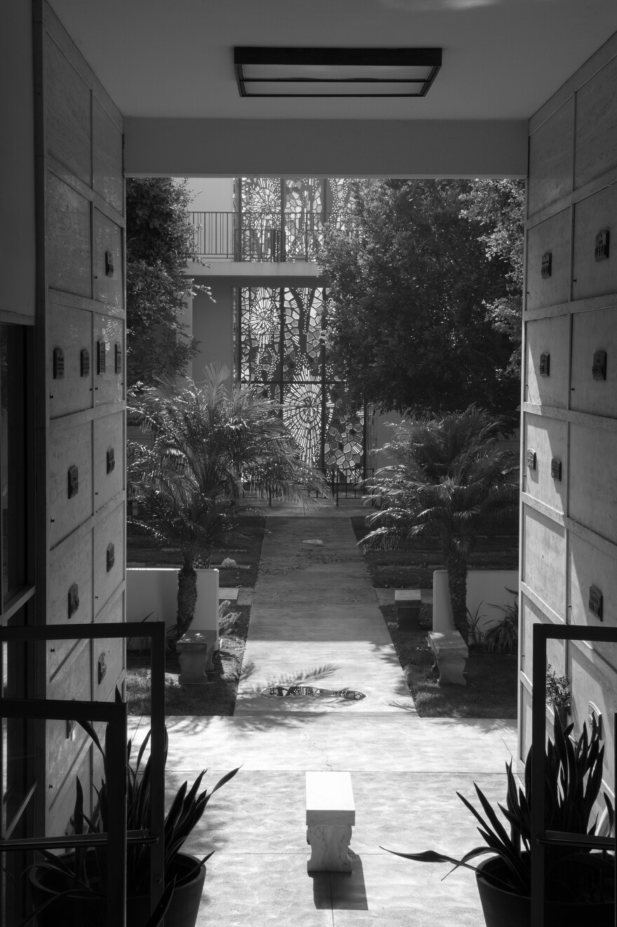 Within the mausoleum at Hillside Memorial Park, Williams created many intimate nooks with benches and green spaces to allow for peaceful reflection.