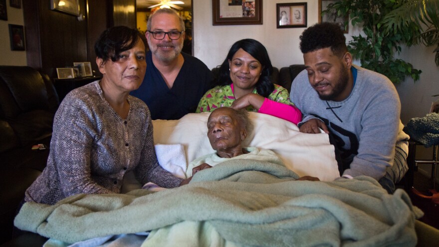 Bobo with her mother and home health nurse Dave Wilson; her son David's fiancee, Angel; and David.