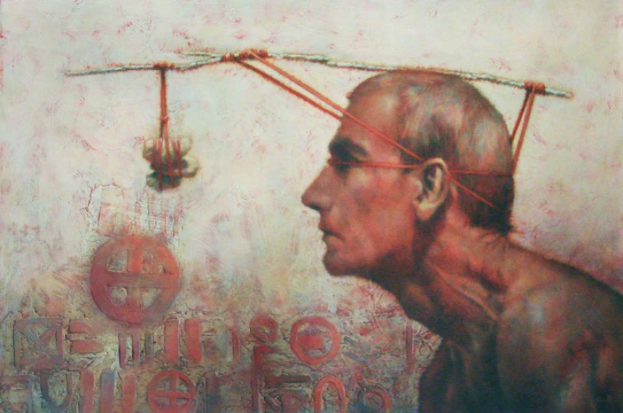 Painting of a man balancing a stick on his head with rocks hanging in front of his face