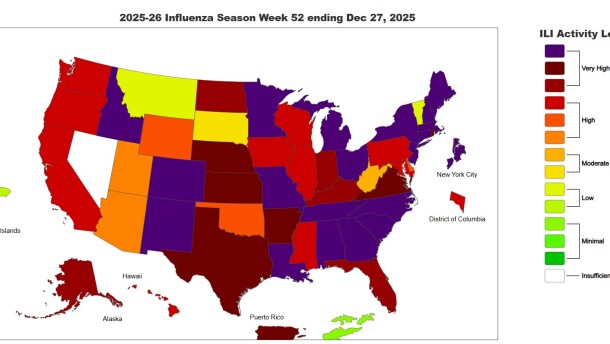 The CDC's map of flu cases as of late December 2025.