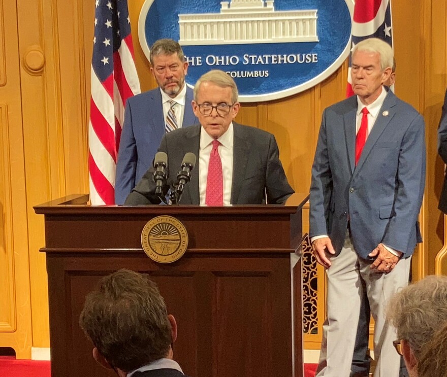 Gov. Mike DeWine takes questions during a press conference on colleges and the state's new anti-hazing law on July 26, 2021.