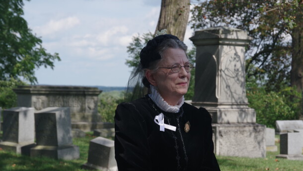 Retired historian and archivist Sharon Carlson playing 20th century Kalamazoo suffragist Mary Pengelly at a dress rehersal on Saturday, September 12.