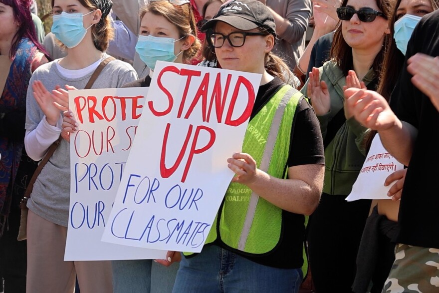 Students, faculty, staff and community members protested on April 10, 2025, to protect international students. At the time, thousands of international students, including those at IU, had their legal statuses revoked with no warning.