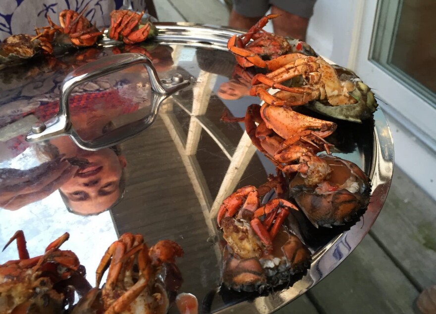 A serving tray containing a dish made using green crabs, an invasive species. (Courtesy Amy Sherwood)