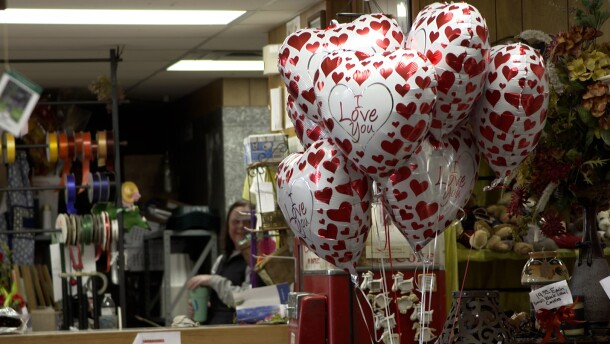 Valentine's Day decorations are seen inside Mary M’s Walnut House Flowers.