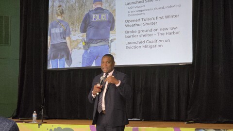 Tulsa Mayor Monroe Nichols speaks at Hannah Hall in east Tulsa for the city's second community conversation of 2026.