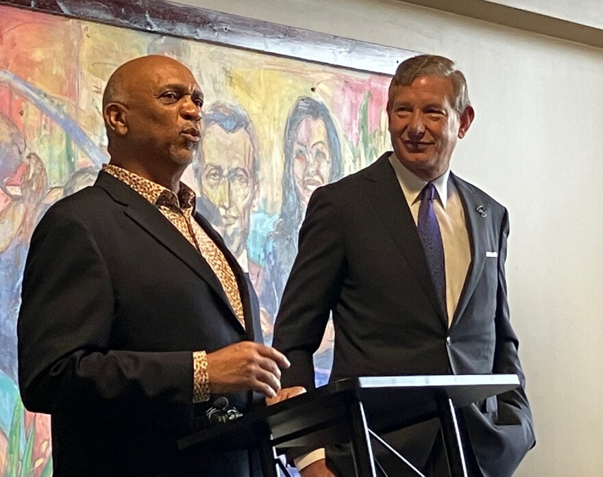 Preston Sampson, who lives in the Washington, D.C. area, speaks at a press conference with Dave Heller at Modern Woodmen Park, Davenport.