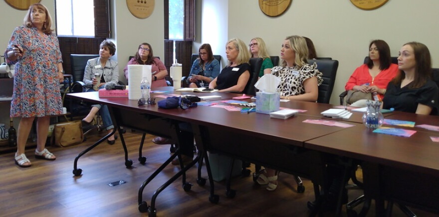 Sue Stone, left, president of Frontier Nursing University, gave a presentation on Kentucky's high maternal mortality rate at the Woodford County Chamber of Commerce Wednesday.