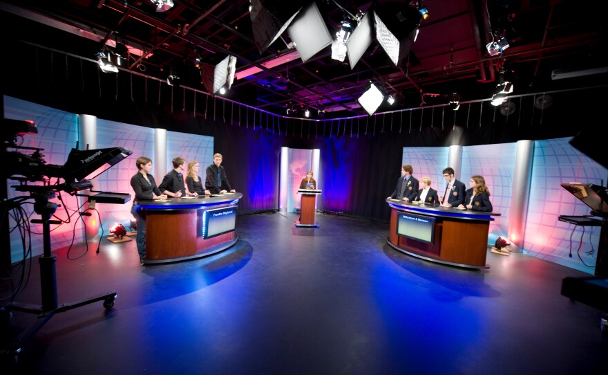 On set at a taping of As Schools Match Wits at Westfield State University, November, 2012.