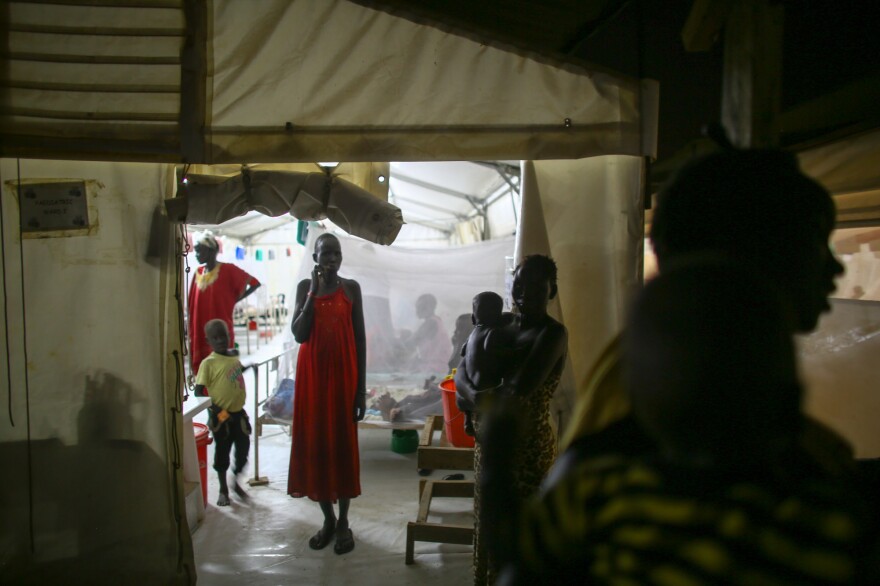 The hospital is staffed all night. Patients sleep under bed nets to avoid mosquitoes.