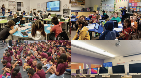 Top left: Students at a Mary A. Otondo Elementary Special Olympics celebration in 2022; Top right: Gowan Science Academy students