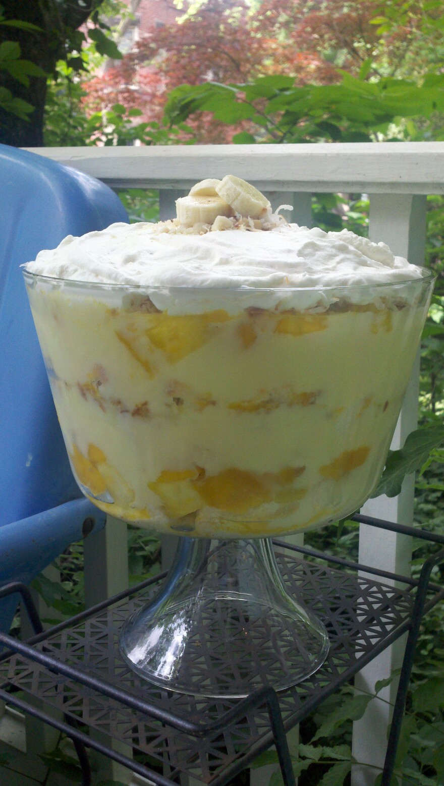 Rina Rapuano's Tropical Rum Trifle combines coconut-rum-soaked angel food cake, custard, fresh fruit and macadamia nuts.