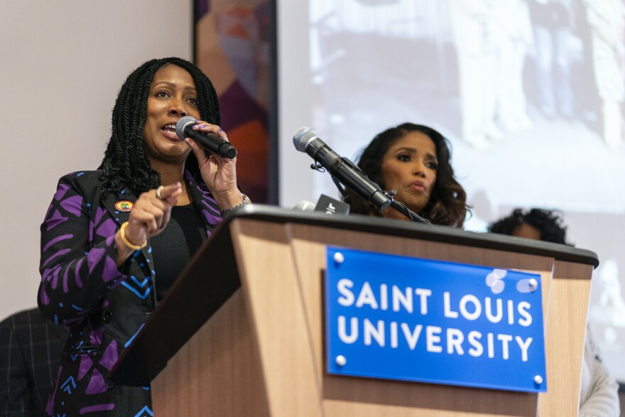 Robin Proudie, descendant of Henrietta Mills and founder and executive director of Descendants of the St. Louis University Enslaved, speaks during a press conference on Thursday, Feb. 8, 2024, at the Busch Student Center in Midtown. DSLUE calculated that $361 million and $70-plus billion were owed to descendants of enslaved people by the university.