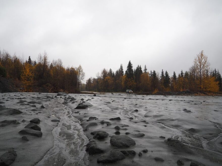 Mud and debris covered the road at milepost 23 on the Haines Highway on Sunday. (Photo by Lynn Cambpell)