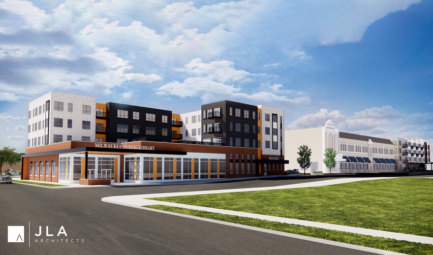 A computer rendering of a construction project shows a one-story library with large windows attached to a modern, four-story apartment building.