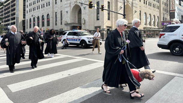 Former Chief Justice Maureen O'Connor (left) and Justice Michael Donnelly (right) in Columbus in July 2026.