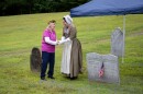 Doris Backus, left, of Sharon, Vt., shakes hands with Kristin Harris, Research Coordinator at the Boston Tea Party Ships & Museum, after placing a marker on the grave of Anthony Morse, a Boston Tea Party Participant, at Pine Hill Cemetery in Sharon, Vt., on Monday, Aug. 17, 2026. Backus, who is the cemetery's president and the fourth great granddaughter of Morse, helped to place the marker. "It meant a lot," Morse said of the experience. "I never thought I would've found something like this." (Valley News photo)