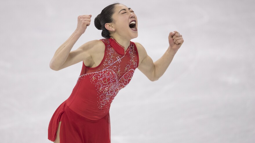 Mirai Nagasu exults after her performance on Monday in the U.S. figure skating team's bronze medal win at the Pyeongchang 2018 Winter Olympics at Gangneung Ice Arena.