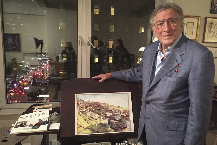 Tony Bennett with some of his artwork in his Central Park South studio in New York. (Robin Young/Here & Now)